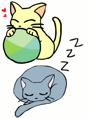 ボールで遊んでいる猫と寝ている猫のイラスト